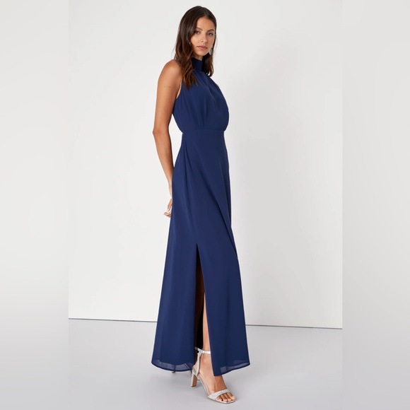 Lulus Classic Elegance Navy Chiffon Sleeveless Mock Neck Maxi Dress - Picture 4 of 8
